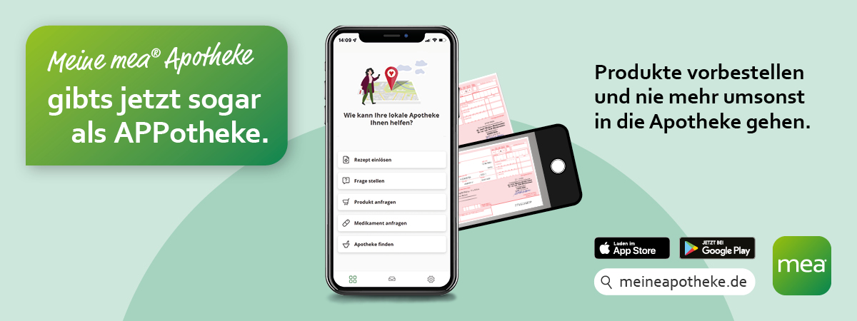 Meine mea® Apotheke – jetzt als APPotheke Werbebanner der Wassertor-Apotheke in 88316 Isny: Darstellung eines Smartphones mit der mea App, App-Store-Logos und Hinweis auf Vorbestellung von Produkten.
